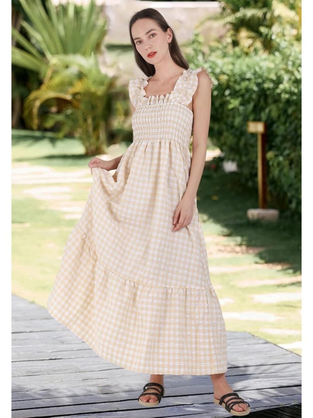 Women's Retro Plaid Smocked Dress Spaghetti Strap Flounce Long Dress - Picture 3 of 6